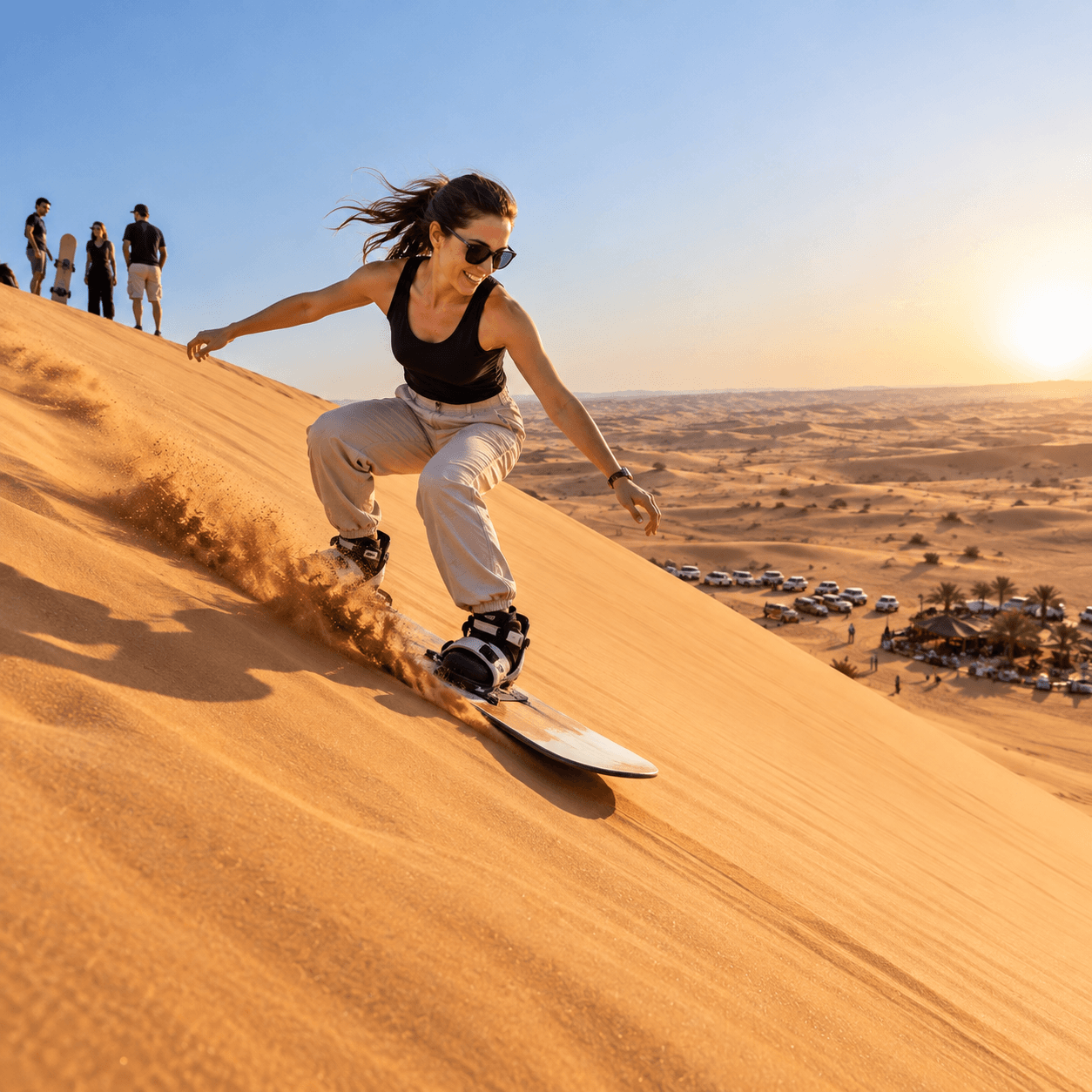 Sandboarding on the dunes in the Dubai desert